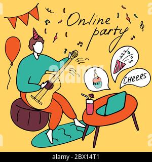 Il giovane ragazzo suona la chitarra e il cocktail mentre si siede davanti al computer portatile. Il blogger conduce il flusso. Traduzione online. Vettore doodle illu Illustrazione Vettoriale