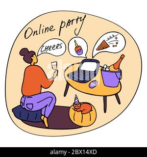 Una ragazza beve vino davanti a un computer portatile. Illustrazione vettoriale del doodle disegnato a mano. Illustrazione Vettoriale