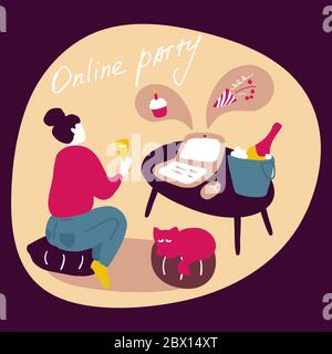 La ragazza beve vino al party online durante il periodo di quarantena. Festa online, feste di amici, videoconferenza. Comunicazione di rete remota. Vettore f Illustrazione Vettoriale