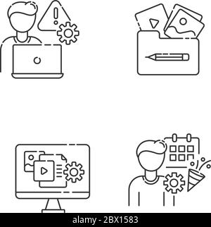 Insieme di icone lineari Perfect pixel di gestione. Gestione delle crisi. Portfolio visivo. Galleria multimediale. Simboli di contorno a linee sottili personalizzabili. Isolato v Illustrazione Vettoriale