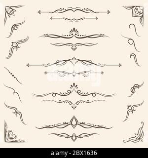 Insieme di elementi di disegno vettoriale con angoli, bordi, combinazioni calligrafiche per il tuo testo delimitatori vintage invito floreale Illustrazione Vettoriale