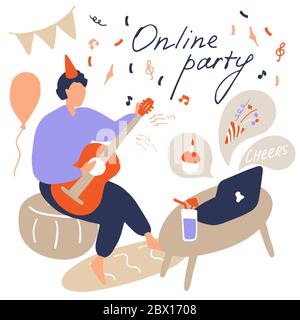 Guy suona la chitarra al party online. Feste di quarantena, videoconferenze per la comunicazione remota, festa online alcolica. Doodle mano disegnata vettore ill Illustrazione Vettoriale