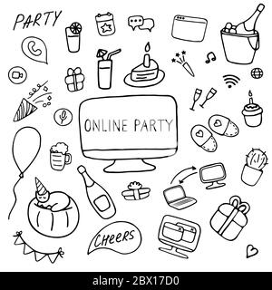 Set di icone per il party online. Festa online, festa di compleanno durante la quarantena. Icone Doodle. Illustrazione vettoriale disegnata a mano. Illustrazione Vettoriale
