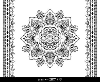 Set di motivi mandala e bordo senza giunture per il disegno e il tatuaggio hennè. Decorazione in etnico orientale mehndi, stile indiano. Doodle ornamento in nero Illustrazione Vettoriale