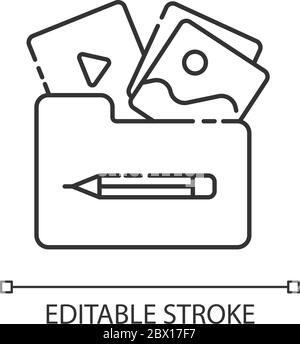 Icona lineare pixel Perfect Portfolio. Immagini e foto nella cartella. Galleria multimediale. Illustrazione personalizzabile su linee sottili. Simbolo del contorno. Isolo vettoriale Illustrazione Vettoriale