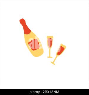Una bottiglia di champagne e due bicchieri. Icone di doodle disegnate a mano vettoriali. Illustrazione Vettoriale