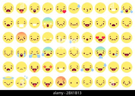 Facce piatte emoji. Emoticon piatto sorridente avatar con diverse emozioni del viso. Felice, triste e strizzarro, arrabbiato divertente messaggio vettore icone set Illustrazione Vettoriale