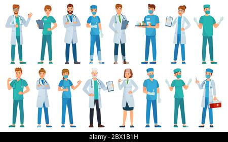 Personale ospedaliero. Gli operai della clinica, il farmacista, l'infermiere in uniforme e i medici di ambulanza caratteri del vettore del cartone animato di illustrazione del set Illustrazione Vettoriale