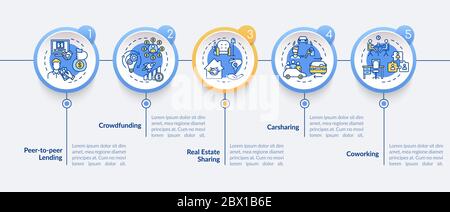 Modello infografico vettoriale sharing economy. Elementi di progettazione della presentazione dei modelli aziendali collaborativi. Visualizzazione dei dati in cinque fasi. Processo t Illustrazione Vettoriale