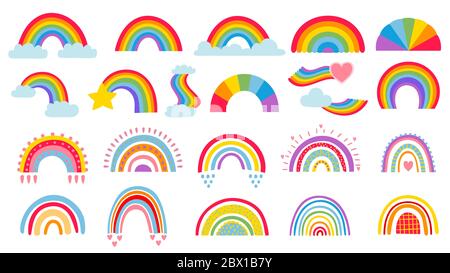 Cartone animato arcobaleno. Arcobaleni colorati, cuore e nuvola con coda di colori arcobaleno. Set di illustrazioni vettoriali ad arco a colori disegnate a mano Illustrazione Vettoriale