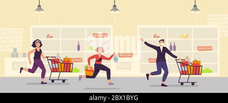 Acquisto panico. La gente corre con il carrello pieno al supermercato Illustrazione Vettoriale