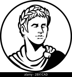 Mascotte illustrazione in bianco e nero del busto di un antico imperatore romano, senatore o Cesare, governatore dell'Impero Romano durante il periodo imperiale con c Illustrazione Vettoriale