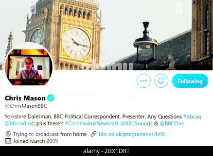Twitter page (maggio 2020) Chris Mason - corrispondente politico della BBC News Foto Stock