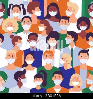 La gente si affollano in maschere di faccia. Covid-19 attenzione, sicurezza delle infezioni e maschera protettiva per la salute del coronavirus senza cuciture modello di illustrazione vettoriale Illustrazione Vettoriale