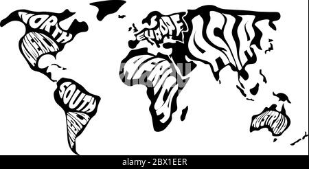 Mappa mondiale divisa in sei continenti. Nome di ogni continente avvolto. Illustrazione vettoriale semplificata. Illustrazione Vettoriale