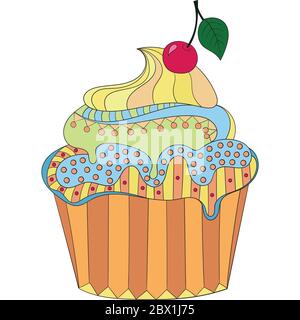 colore cupcake vettoriale su sfondo bianco. Cupcake disegnata a mano con ciliegie Illustrazione Vettoriale