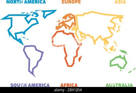 Struttura spessa semplificata della mappa mondiale divisa in sei continenti. Semplice illustrazione vettoriale piatta su sfondo bianco. Illustrazione Vettoriale