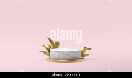 Podio in marmo bianco con sfondo rosa foglia oro 3D rendering Foto Stock