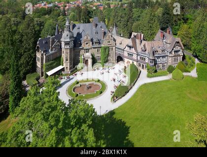 Castello di Rauischholzhausen, veduta aerea, quartiere di Rauischholzhausen, comune di Ebsdorfer Grund, distretto di Marburg-Biedenkopf, Assia centrale, Assia Foto Stock