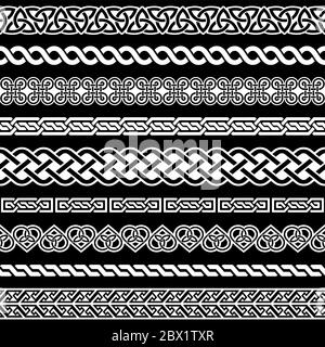 Irish Celtic Vector Seamless Border Repetitive pattern Set, struttura intrecciata per biglietti di auguri, festa di San Patrizio in bianco su nero Illustrazione Vettoriale