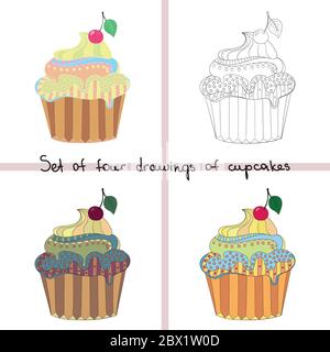 Set di cupcakes colorati nello stile di Doodle, vettore Illustrazione Vettoriale