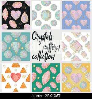 Motivo senza cuciture di gioielli colorati gemme e cristalli su sfondo nero. Illustrazione Vettoriale