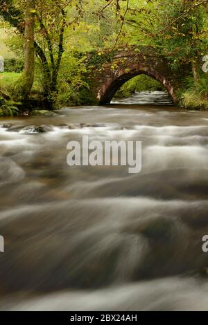 A bridge crossing Horner Water at the entrance to Horner Wood, Exmoor. Foto Stock