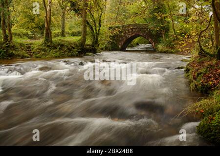 A bridge crossing Horner Water at the entrance to Horner Wood, Exmoor. Foto Stock