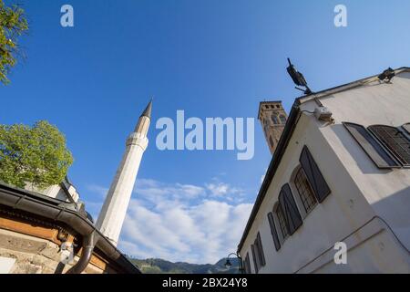 Minareto della Moschea Gazi Husrev begova accanto alla torre dell'orologio del bazar di Sarajevo, chiamato Bascarsija, in Bosnia Erzegovina, è un simbolo di OT Foto Stock