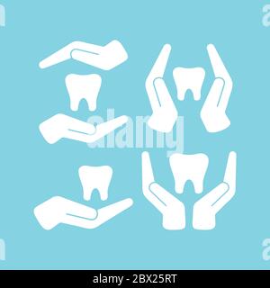 Dente nelle mani icona vettoriale di colore bianco impostata su sfondo blu. Illustrazione Vettoriale