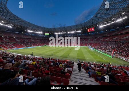 BUDAPEST, UNGHERIA - 3 GIUGNO: Vista generale dello stadio durante la partita finale della Coppa Ungherese tra Budapest Honded e Mezokovesd Zmory FC all'Arena Puskas il 3 giugno 2020 a Budapest, Ungheria. Foto Stock