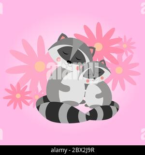 Simpatico raccoon. Madre e bambino. Procione nordamericano, mammifero nativo. Disegno animale di cartone animato. Illustrazione vettoriale piatta Illustrazione Vettoriale