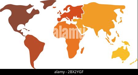 Mappa mondiale multicolore divisa in sei continenti in diversi colori: Nord America, Sud America, Africa, Europa, Asia e Australia Oceania. Mappa vettoriale vuota con silhouette semplificata senza etichette. Illustrazione Vettoriale