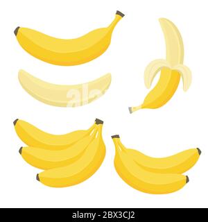 Banane cartone animato. Sbucciare la banana, la frutta gialla e un mazzo di banane. Illustrazione Vettoriale