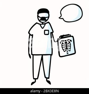Stick grafico disegnato a mano medico chirurgo con Speech Bubble & Xray Chart. Concetto di Health Care Medical Hospital. Motivo icona cartoon per il trattamento chirurgico Illustrazione Vettoriale