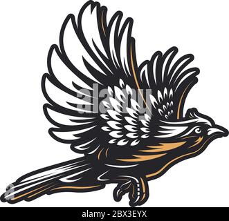 Logo Fire Bird modello su sfondo bianco - Profilo disegnato a mano Flying phoenix o Hawk con ala sparsa illustrazione vettoriale. Oro e WI Illustrazione Vettoriale