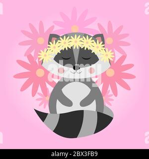 Simpatico raccoon con fiori. Procione nordamericano, mammifero nativo. Disegno animale di cartone animato. Immagine vettoriale piatta isolata su sfondo rosa. Illustrazione Vettoriale