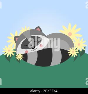 Simpatico rincoon addormentato in fiori. Procione nordamericano, mammifero nativo. Disegno animale di cartone animato. Illustrazione vettoriale piatta isolata Illustrazione Vettoriale