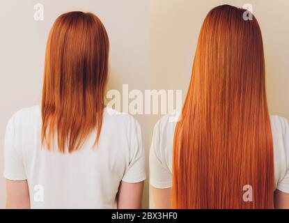 Capelli. Prima e dopo la pubblicità verticale. Acconciatura. Cura dei capelli. Trattamento dei capelli danneggiati Foto Stock