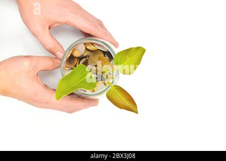 Concetto di investimento, risparmio e interesse in crescita. Mani che tengono il vaso di vetro delle monete con pianta crescente. Foto Stock