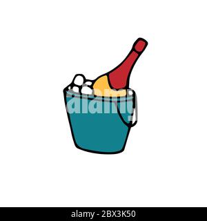 Bottiglia di champagne in secchio di ghiaccio. Semplice icona di doodle. Immagine piatta disegnata a mano dal vettore. Illustrazione Vettoriale