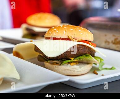 Hamburger di Mealworm. Delicatessen fatto di insetti a Colonia, Germania Foto Stock