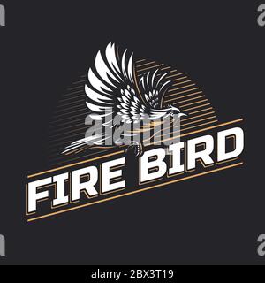 Logo Fire Bird modello su sfondo nero - contorno disegnato a mano Flying phoenix o Hawk con ala sparsa illustrazione vettoriale. Oro e WI Illustrazione Vettoriale