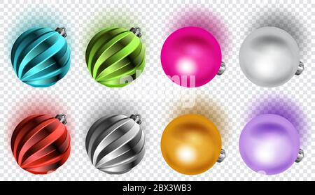 Set di palle di Natale multicolore con ombre morbide, isolate su sfondo trasparente Illustrazione Vettoriale