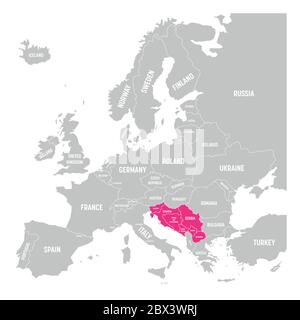 Ex Iugoslavia. Slovenia, Serbia, Croazia, Montenegro, Bosnia-Erzegovina, Kosovo e Macedonia rosa evidenziato nella mappa politica dell'Europa. Illustrazione vettoriale. Illustrazione Vettoriale