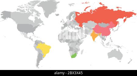Mappa mondiale con i paesi membri evidenziati dei BRICS - associazione di cinque principali economie nazionali emergenti - Brasile, Russia, India, Cina e Sudafrica. Illustrazione Vettoriale
