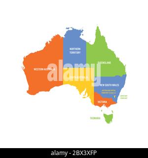 Mappa semplificata dell'Australia divisa in stati e territori. Mappa vettoriale piatta multicolore. Illustrazione Vettoriale