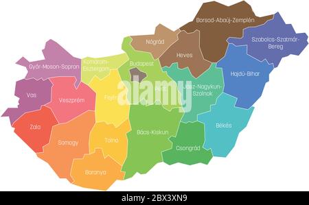 Contee dell'Ungheria. Mappa delle divisioni amministrative regionali. Illustrazione vettoriale colorata. Illustrazione Vettoriale