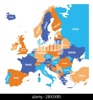 Mappa politica del continente europeo in quattro colori con etichette bianche e isolate su sfondo bianco. Illustrazione vettoriale. Illustrazione Vettoriale