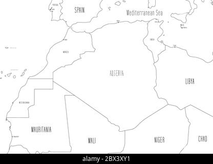 Mappa dell'Africa nord-occidentale. Stile doodle disegnato a mano. Illustrazione vettoriale. Illustrazione Vettoriale